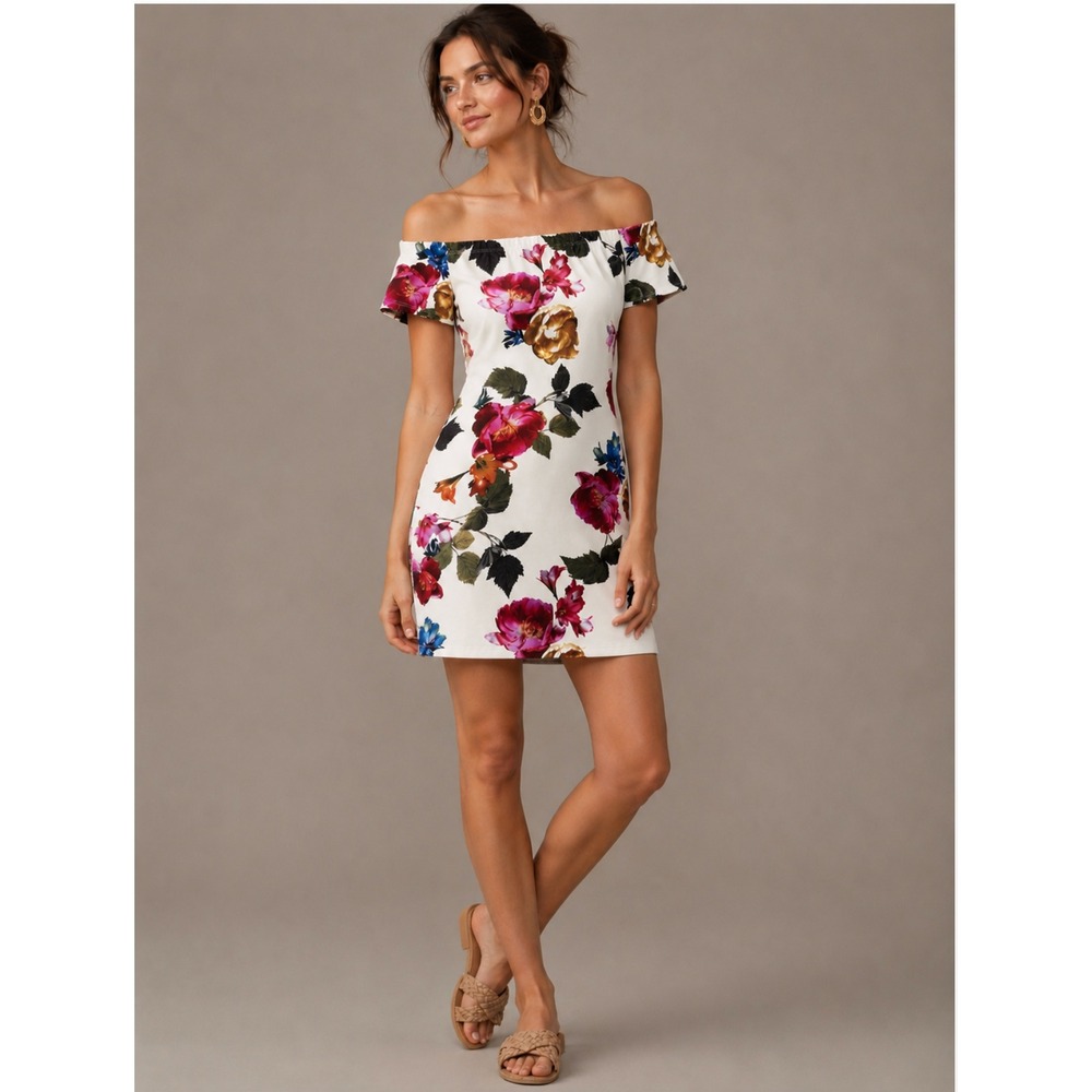 J for Justify Dress L White Floral Metallic Off Shoulder Bodycon Party Glam